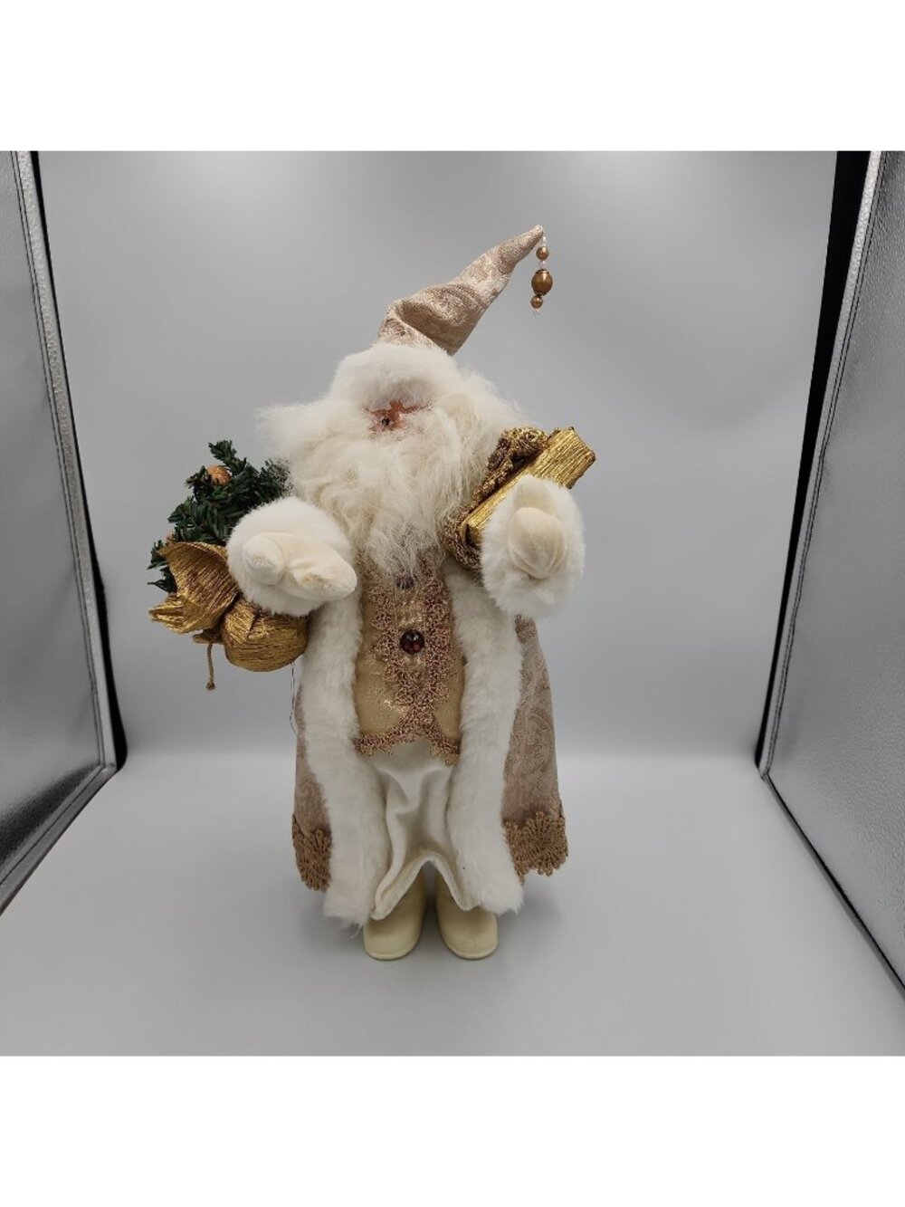 Old World Style Fabric Santa Figurine Father Christmas Gold White 18” Decor